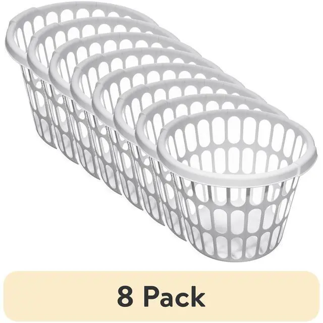Main image of 8 Pack 1 Bushel Round White Plastic Laundry Basket Ventilated Sides IntegratedHandle Clothes Hamper for Home Dorm Laundry Storage