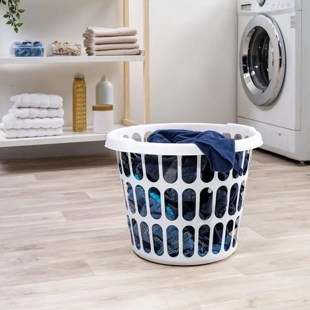 Alt view image 2 of 6 - 8 Pack 1 Bushel Round White Plastic Laundry Basket Ventilated Sides IntegratedHandle Clothes Hamper for Home Dorm Laundry Storage