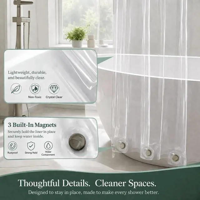 Alt view image 5 of 5 - 72"x72" Crystal Clear PEVA Shower Curtain Liner Waterproof Bath Liner with 3 Weighted Magnets, RustProof Metal Grommets, OdorFree PVCFree Bathroom Accessory