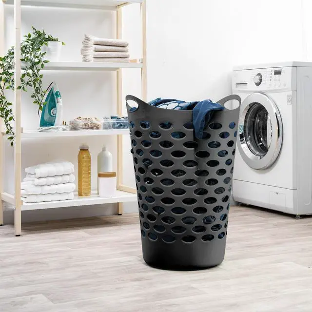 Alt view image 3 of 6 - Mainstays 2.2 Bushel Flexible Round Plastic Laundry Hamper Black, Ventilated Clothes Basket with Builtin CarryHandles, Lightweight DirtyClothes Storage Bin for Bedroom Closet LaundryRoom