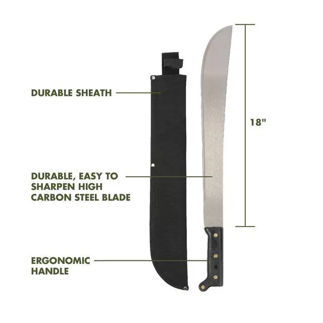 Alt view image 7 of 7 - Ozark Trail 18 Inch HighCarbonSteel Machete with Canvas Sheath Ergonomic ComfortGrip Handle HeavyDuty Cutting Tool for Brush Clearing Camping Yard Outdoor Work