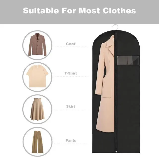 Alt view image 3 of 5 - 60 Inch Long Garment Bags for Gowns Black, Hanging Clothes Storage Suit Cover with Clear Window, Foldable DustProof Dress Garment Bag for Travel & Closet Storage