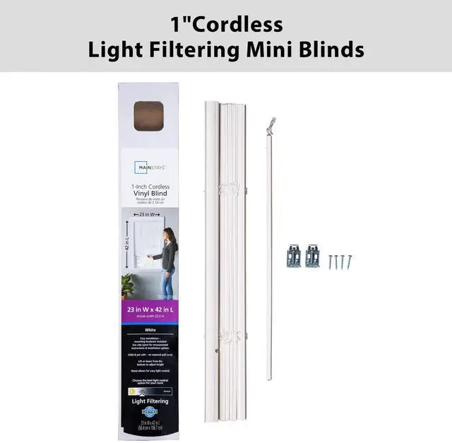 Alt view image 7 of 7 - Mainstays 1Inch Cordless Vinyl LightFiltering Mini Blinds, White, 27" Width x 64" Length, ChildSafe Window Shades