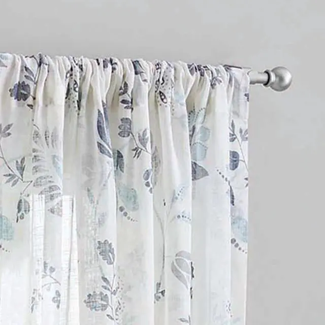 Alt view image 3 of 5 - Mainstays Blue Floral 100% Cotton Sheer Curtain Panel, Rod Pocket Single Window Curtain, Light Blue, 50" W x 63" L, OEKOTEX Certified