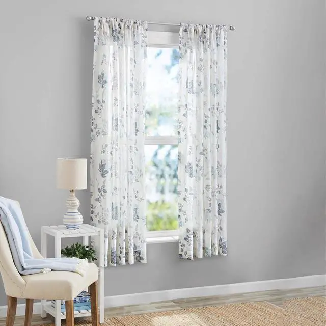 Alt view image 4 of 5 - Mainstays Blue Floral 100% Cotton Sheer Curtain Panel, Rod Pocket Single Window Curtain, Light Blue, 50" W x 63" L, OEKOTEX Certified