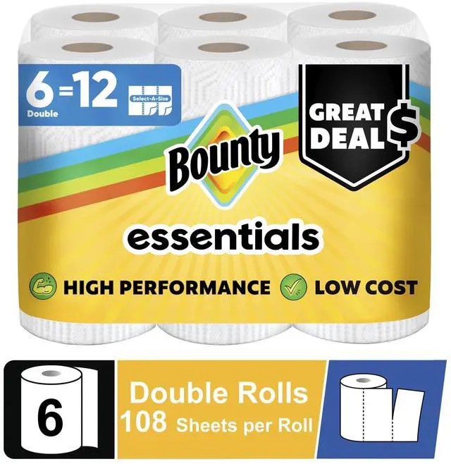 Main image of Bounty Essentials SelectASize Paper Towels, White, 6 Double Rolls, 108 Sheets Per Roll, MultiPurpose Household Cleaning Towels