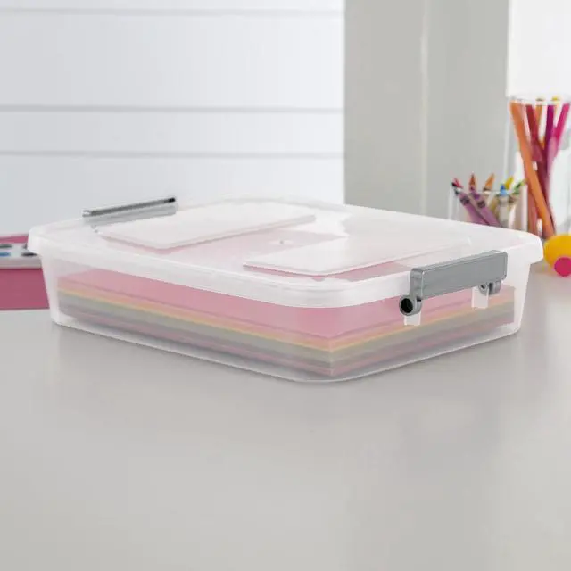 Alt view image 4 of 6 - (4Pack) Sterilite 6.2 Quart Modular Latching Clear Plastic Storage Bin, WriteOn ID Latches, Gray, Stackable Organizer Container