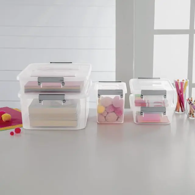 Alt view image 3 of 6 - (4Pack) Sterilite 6.2 Quart Modular Latching Clear Plastic Storage Bin, WriteOn ID Latches, Gray, Stackable Organizer Container