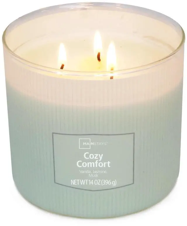 Main image of Mainstays Cozy Comfort 3Wick Textured Wrapped Scented Candle, 14 oz, Vanilla Jasmine Musk Fragrance, Up to 65Hour LongLasting Burn Jar Candle