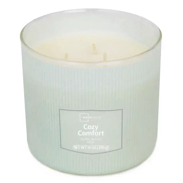 Alt view image 2 of 6 - Mainstays Cozy Comfort 3Wick Textured Wrapped Scented Candle, 14 oz, Vanilla Jasmine Musk Fragrance, Up to 65Hour LongLasting Burn Jar Candle