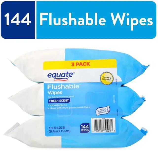 Main image of Equate FreshScent Flushable Wet Wipes, Hypoallergenic with Aloe & Vitamin E, 144Count Total (3Pack of 48 Wipes), PlantBased Fibers