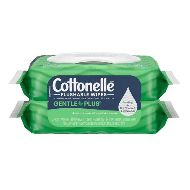 Alt view image 3 of 6 - Cottonelle GentlePlus Flushable Wet Wipes with Aloe & Vitamin E, 2 FlipTop Packs, 84 Total Wipes, SepticSafe Gentle Cleansing Wipes