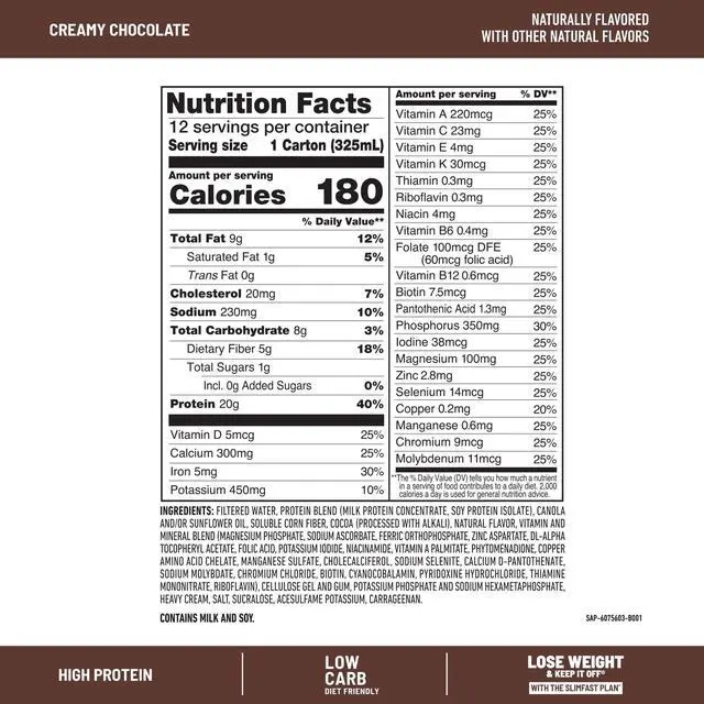 Alt view image 4 of 4 - SlimFast HighProtein ReadytoDrink Meal Replacement Shake, Creamy Chocolate, 20g Protein, 11oz, 12Count, LowCarb GlutenFree OntheGo Nutrition Drink