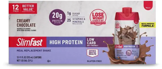 Main image of SlimFast HighProtein ReadytoDrink Meal Replacement Shake, Creamy Chocolate, 20g Protein, 11oz, 12Count, LowCarb GlutenFree OntheGo Nutrition Drink
