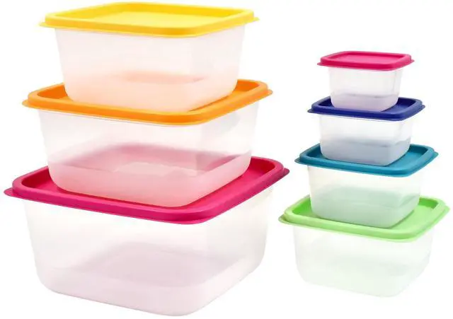 Alt view image 6 of 6 - Mainstays 14Piece Rainbow Plastic FoodStorage Container Set, MultiColor Lids, BPAFree Stackable Nestable Leftover Containers for Storage & Microwave Reheating