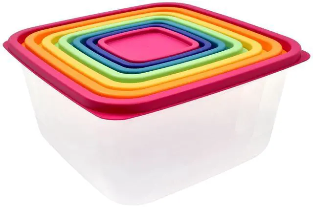 Main image of Mainstays 14Piece Rainbow Plastic FoodStorage Container Set, MultiColor Lids, BPAFree Stackable Nestable Leftover Containers for Storage & Microwave Reheating