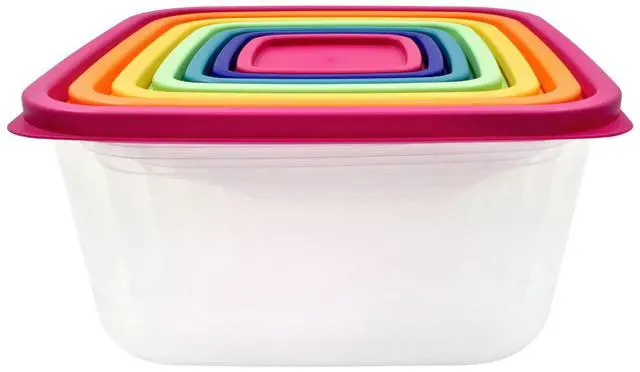 Alt view image 4 of 6 - Mainstays 14Piece Rainbow Plastic FoodStorage Container Set, MultiColor Lids, BPAFree Stackable Nestable Leftover Containers for Storage & Microwave Reheating