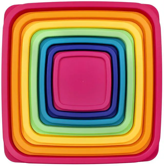 Alt view image 2 of 6 - Mainstays 14Piece Rainbow Plastic FoodStorage Container Set, MultiColor Lids, BPAFree Stackable Nestable Leftover Containers for Storage & Microwave Reheating