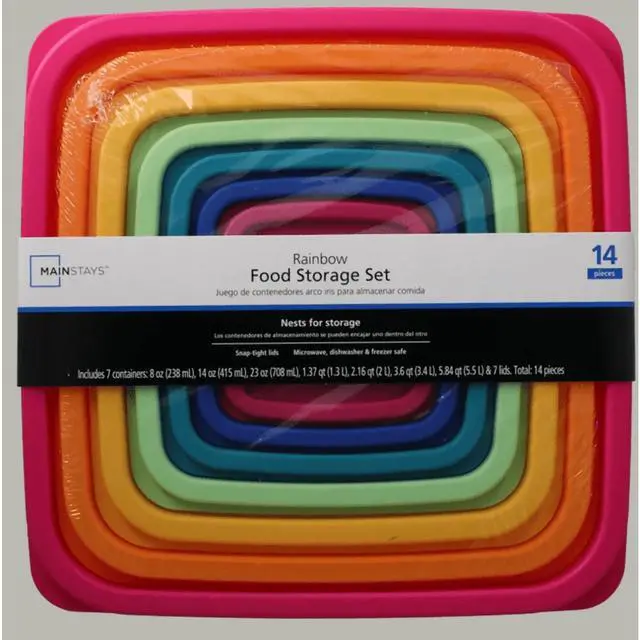 Alt view image 5 of 6 - Mainstays 14Piece Rainbow Plastic FoodStorage Container Set, MultiColor Lids, BPAFree Stackable Nestable Leftover Containers for Storage & Microwave Reheating