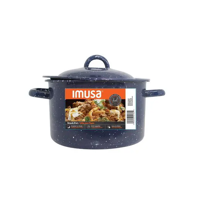 Alt view image 3 of 3 - IMUSA 6 Quart Enamel Stock Pot, Blue Speckled Enamel Steel Soup Pot, OvenSafe MultiPurpose Cooking Pot for Soups, Stews & Pasta