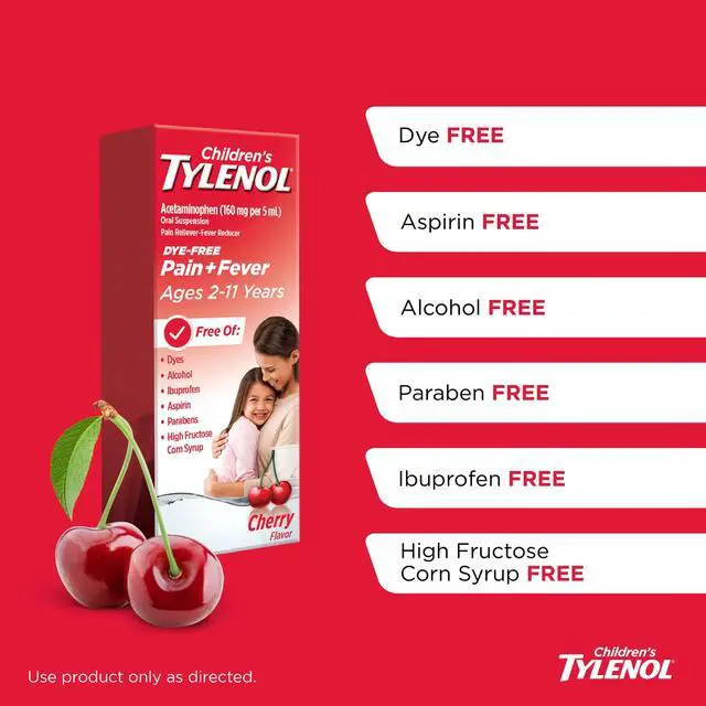 Alt view image 5 of 5 - Childrens Tylenol DyeFree Oral Suspension, Acetaminophen Fever & Pain Reducer, Cherry Flavor, 8 fl oz, 160mg / 5mL, No Artificial Dyes