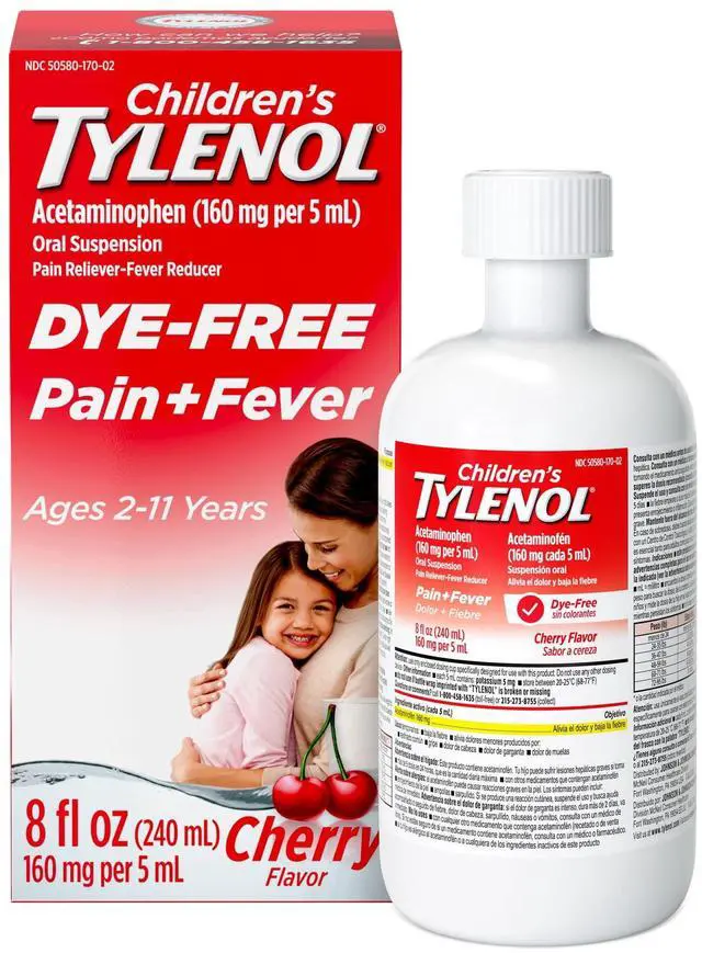 Main image of Childrens Tylenol DyeFree Oral Suspension, Acetaminophen Fever & Pain Reducer, Cherry Flavor, 8 fl oz, 160mg / 5mL, No Artificial Dyes