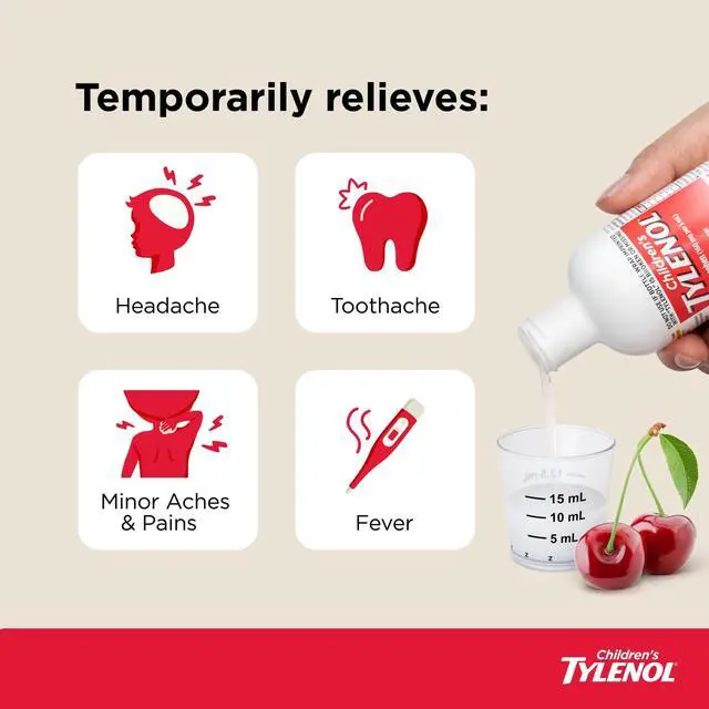 Alt view image 2 of 5 - Childrens Tylenol DyeFree Oral Suspension, Acetaminophen Fever & Pain Reducer, Cherry Flavor, 8 fl oz, 160mg / 5mL, No Artificial Dyes