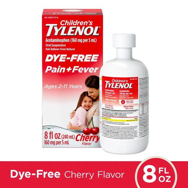 Alt view image 4 of 5 - Childrens Tylenol DyeFree Oral Suspension, Acetaminophen Fever & Pain Reducer, Cherry Flavor, 8 fl oz, 160mg / 5mL, No Artificial Dyes