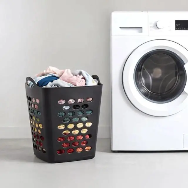 Alt view image 5 of 7 - 2 Bushel Black Square Flexible Plastic Laundry Hamper Ventilated Design With Dual Carry Handles Space Saving Clothes Storage Basket