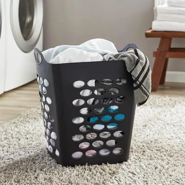 Alt view image 2 of 7 - 2 Bushel Black Square Flexible Plastic Laundry Hamper Ventilated Design With Dual Carry Handles Space Saving Clothes Storage Basket