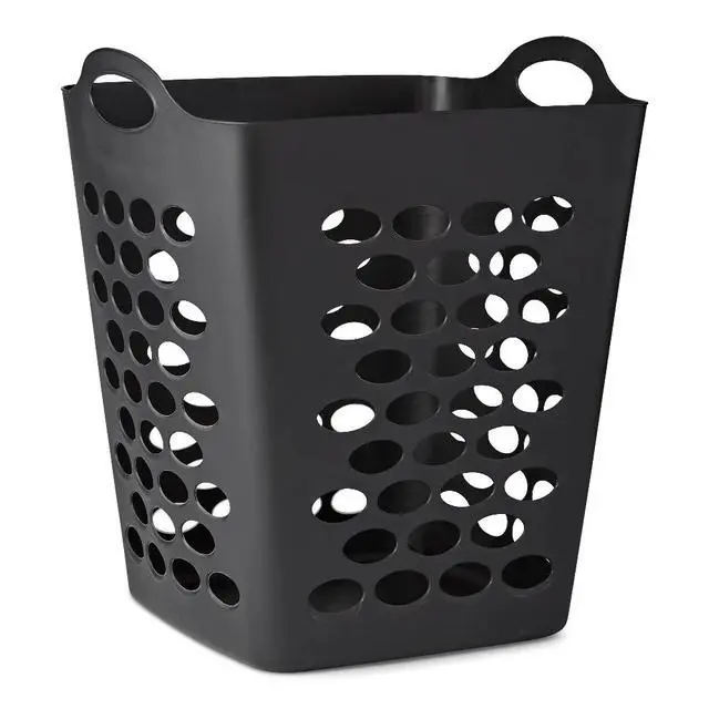 Alt view image 3 of 7 - 2 Bushel Black Square Flexible Plastic Laundry Hamper Ventilated Design With Dual Carry Handles Space Saving Clothes Storage Basket