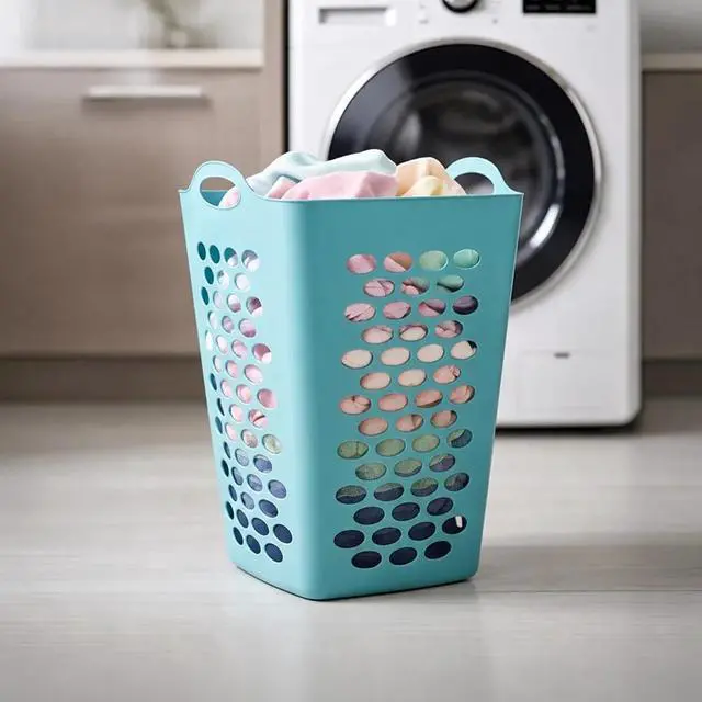 Main image of 2 Bushel Teal Square Flexible Plastic Laundry Hamper Ventilated Clothes Storage Basket With Carry Handles