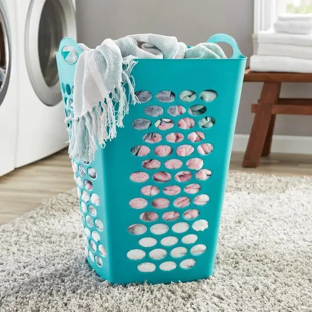 Alt view image 7 of 7 - 2 Bushel Teal Square Flexible Plastic Laundry Hamper Ventilated Clothes Storage Basket With Carry Handles