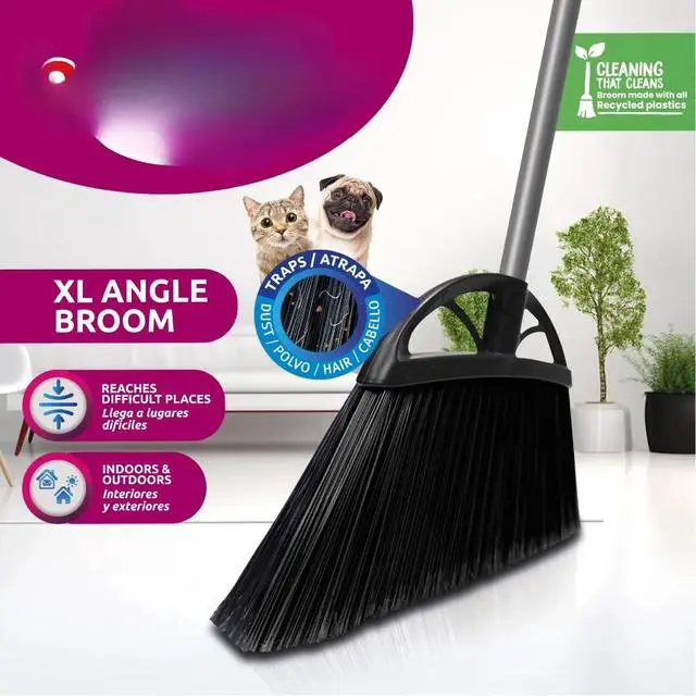 Alt view image 4 of 7 - 13in Black XL Angle Broom Non-Shed Bristles Long Handle Wide Sweep Household Floor Cleaning Broom