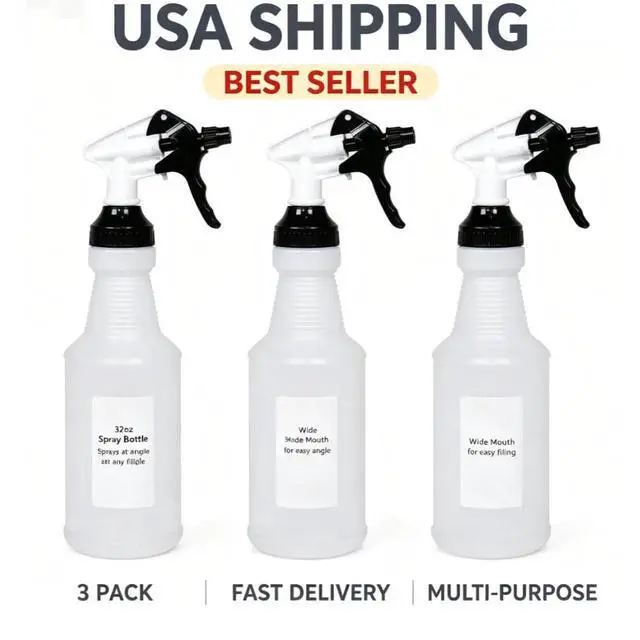 Alt view image 2 of 7 - 3Pcs 32oz Wide Mouth Plastic Spray Bottles Adjustable Nozzle Multi-Use Cleaning Plant Sprayer Indoor Outdoor