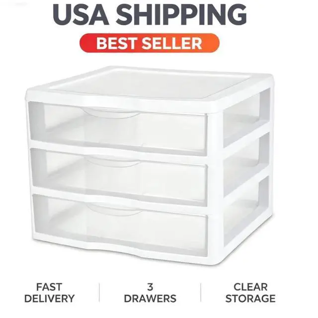 Alt view image 7 of 7 - 3 Clear Drawer White Desktop Storage Organizer Stackable BPA-Free Countertop Craft Office Supply Cabinet