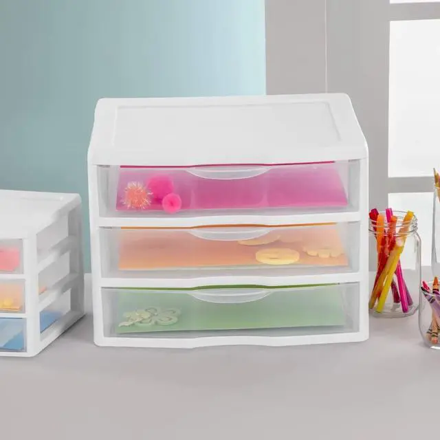 Alt view image 6 of 7 - 3 Clear Drawer White Desktop Storage Organizer Stackable BPA-Free Countertop Craft Office Supply Cabinet