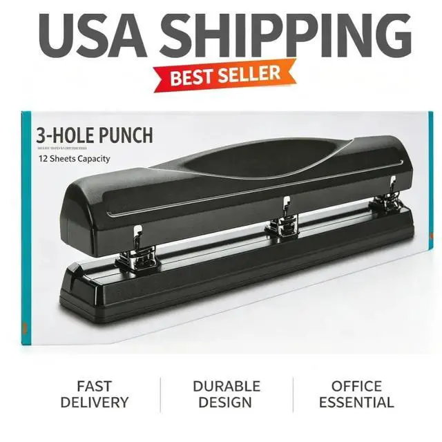 Alt view image 5 of 5 - 3 Hole Paper Punch 12 Sheet Capacity Metal Puncher With Removable Chip Tray Compact Portable Office School Tool