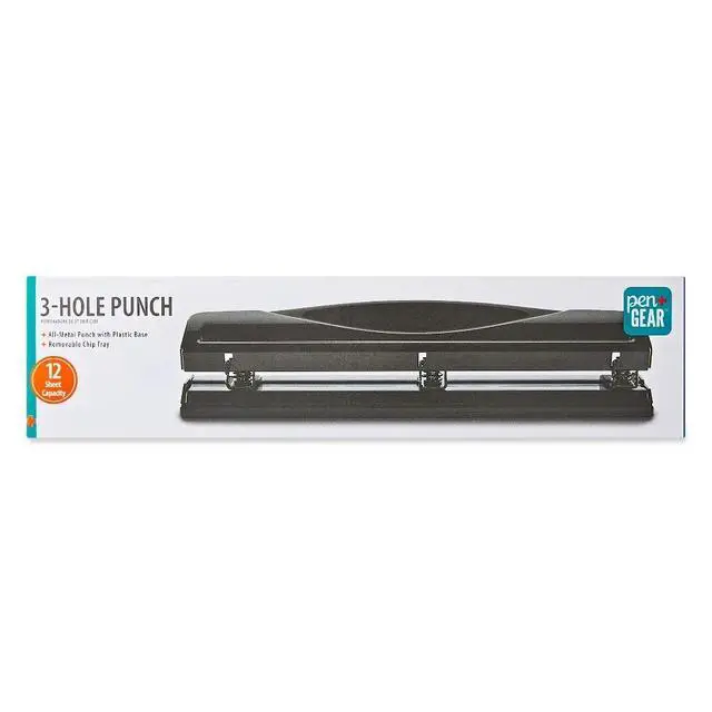 Alt view image 2 of 5 - 3 Hole Paper Punch 12 Sheet Capacity Metal Puncher With Removable Chip Tray Compact Portable Office School Tool