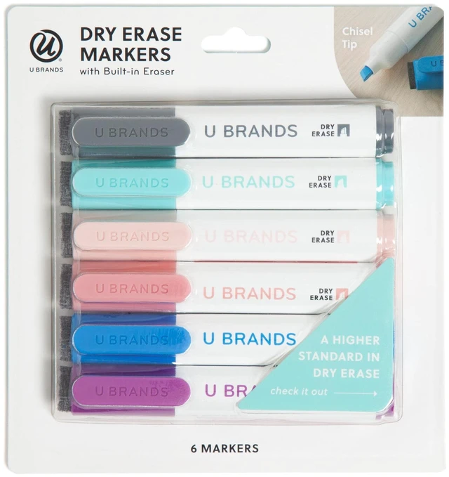 Main image of U Brands Dry Erase Markers, 6 Count, Assorted Colors, Low-Odor, Chisel (5 mm) Tip