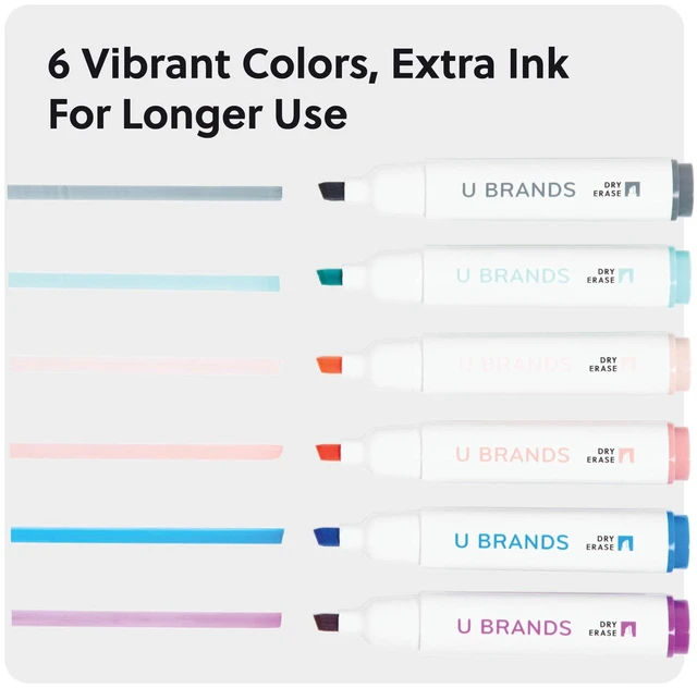 Alt view image 3 of 7 - U Brands Dry Erase Markers, 6 Count, Assorted Colors, Low-Odor, Chisel (5 mm) Tip