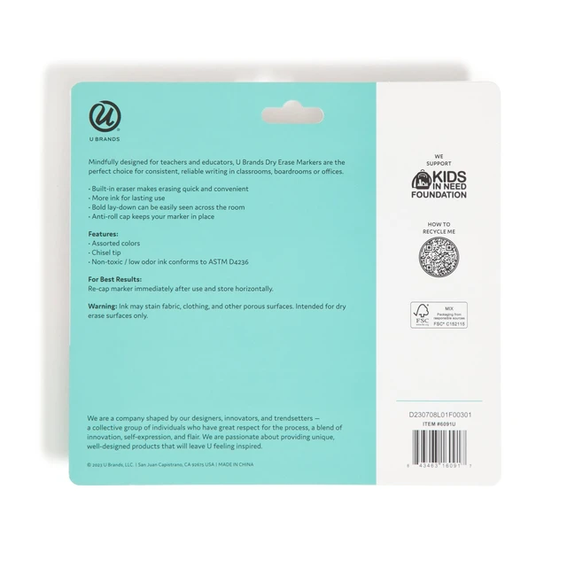 Alt view image 2 of 5 - U Brands Low-Odor Dry Erase Markers, Chisel Tip, 5 Count, Assorted Colors