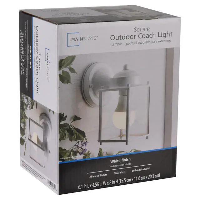 Alt view image 2 of 6 - Mainstays 8" Classic White Outdoor Wall Light, Metal Fixture Clear Glass Lens, Bulb Not Included