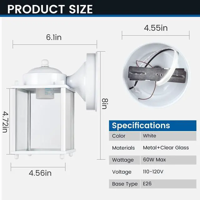 Alt view image 5 of 6 - Mainstays 8" Classic White Outdoor Wall Light, Metal Fixture Clear Glass Lens, Bulb Not Included