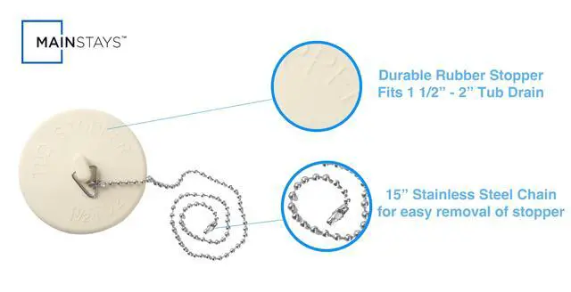 Alt view image 5 of 7 - Mainstays Rubber Tub Stopper with Stainless Steel Beaded Chain White Fits 1.5" - 2" Drains