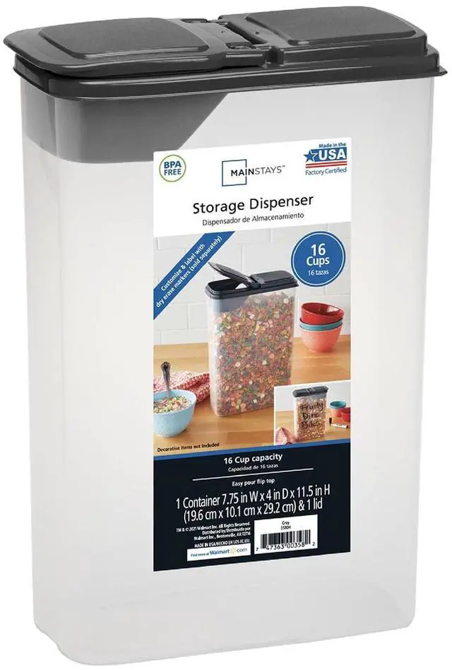 Main image of Mainstays Plastic Small Cereal Dispenser, Clear, Gray Lid, 16-Cups, Single, 7.25" x 4" x 11.25", Made for Pantry Organization and Food Storage