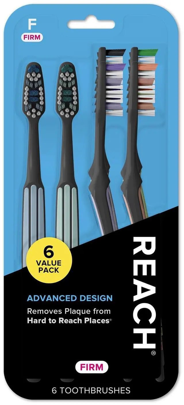 Main image of REACH Advanced Design Angled Neck Toothbrush, Assorted Colors, Firm, 6 Count