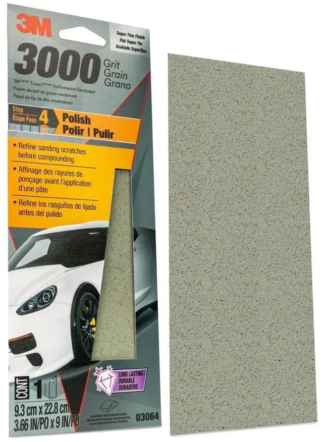 Main image of 3M Trizact Performance Sandpaper Sheet, 3000 Grit, 3 2/3 in x 9 in, Automotive Paint Finishing Abrasive, Item 03064SRP, 1Count