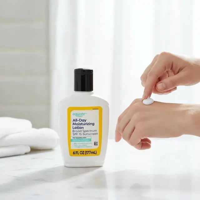 Alt view image 3 of 7 - Equate AllDay Moisturizing Lotion for Sensitive Skin, BroadSpectrum SPF 15 Sunscreen Face & Body Moisturizer, 6 fl oz