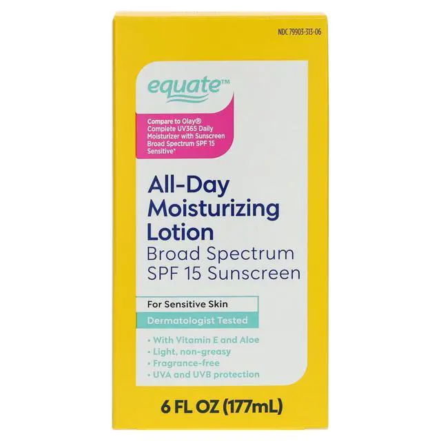 Alt view image 6 of 7 - Equate AllDay Moisturizing Lotion for Sensitive Skin, BroadSpectrum SPF 15 Sunscreen Face & Body Moisturizer, 6 fl oz